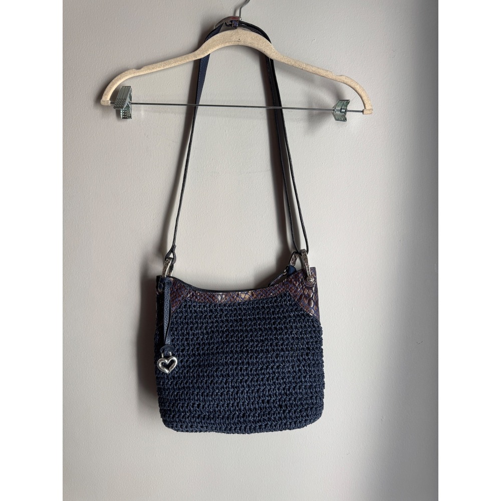 Brighton Navy Blue Crochet Crossbody Bag Snakeskin Leather Trim Silver Heart